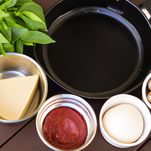 Fresh ingredients for making Dutch oven pizza, including tomatoes, cheese, and herbs.